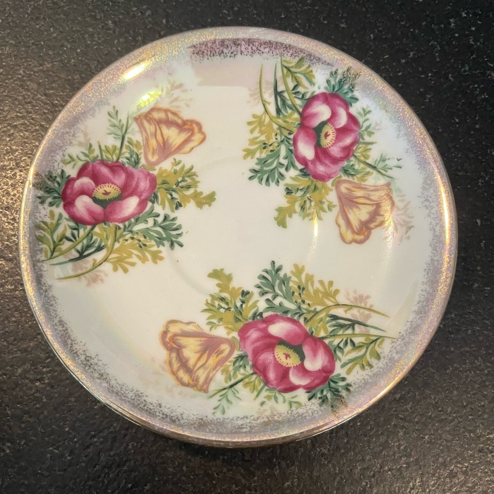 August Poppy Floral Bone China Vintage Saucer Pink and Green Desig